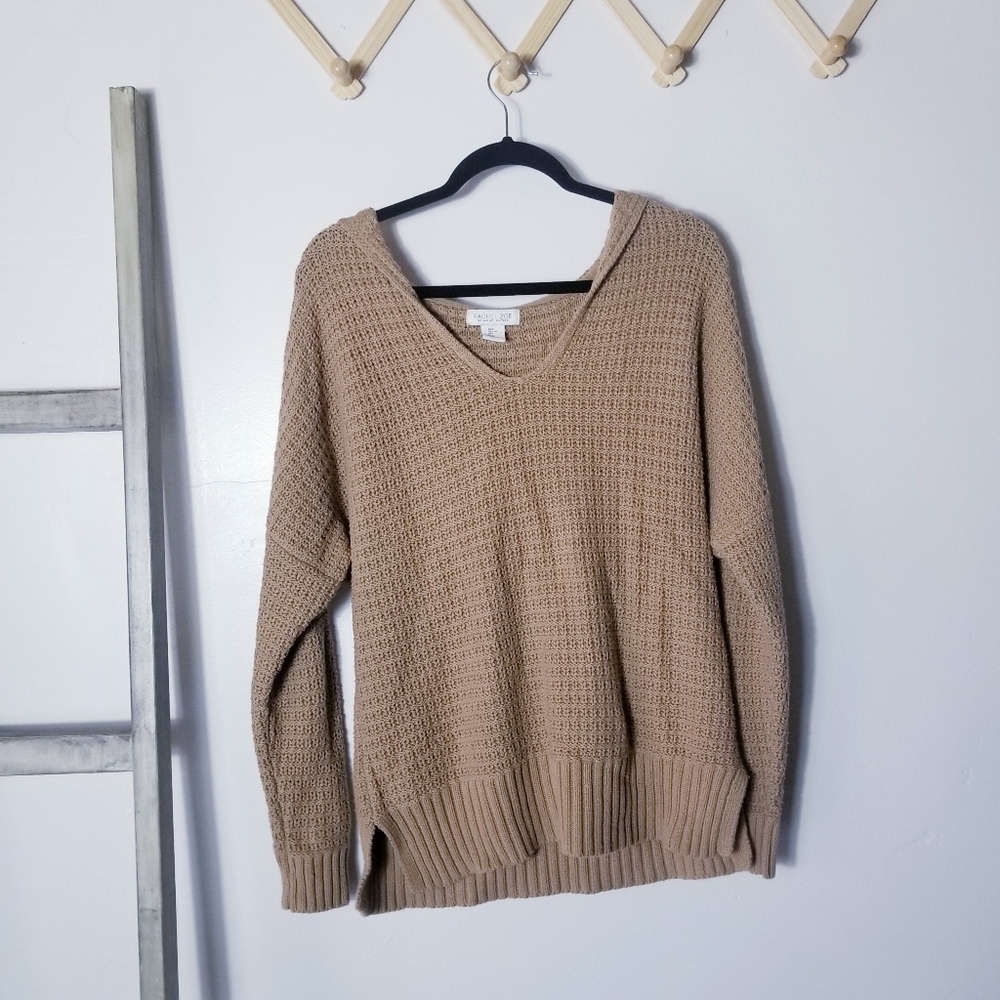 RACHEL ZOE TAN BROWN PULLOVER V-NECKED SWEATER WITH HOOD AND SIDE SLITS SIZE L